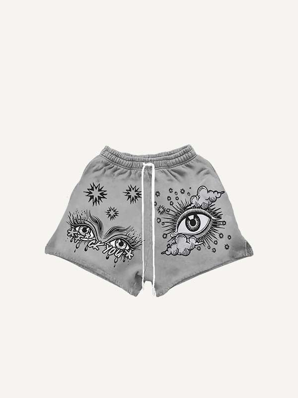 Eye&Cloud&Letter Print Drawstring Waist Shorts