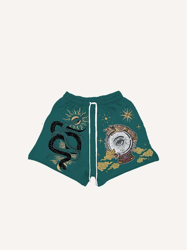 Eye&Cloud&Snake&Palm&Graphic Print Drawstring Waist Shorts