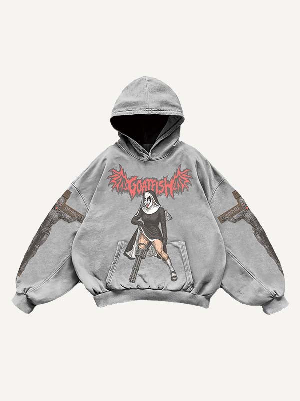 Figure&Demon&Cross&Letter Print Slant Pockets Hoodie