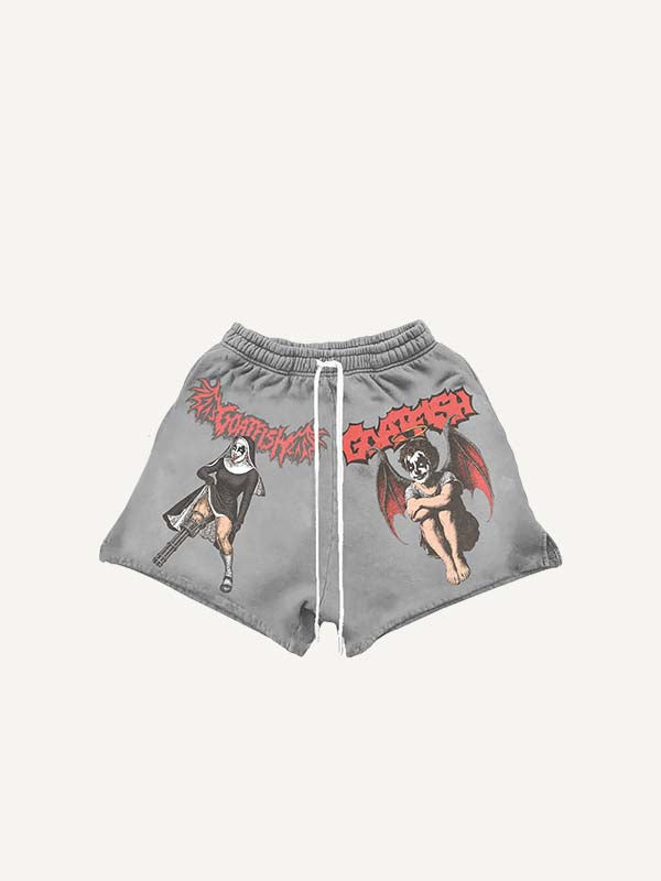 Figure&Demon&Cross&Letter Print Drawstring Waist Shorts