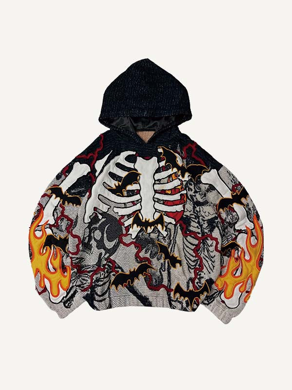 Colorblock Skeleton&Bat&Fire Faux Decal Print Slant Pockets Hoodie