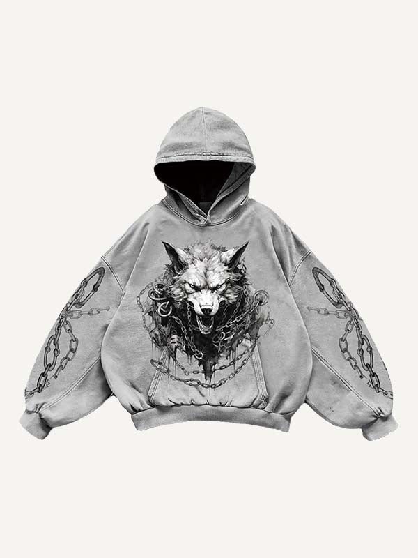 Wolf Print Slant Pockets Hoodie