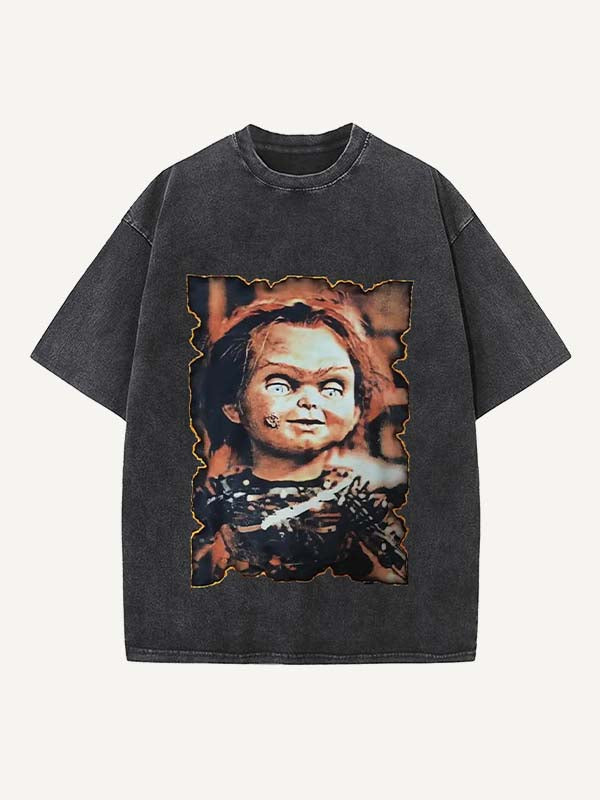 Distressed Washed Horror Print Round Neck T-shirt