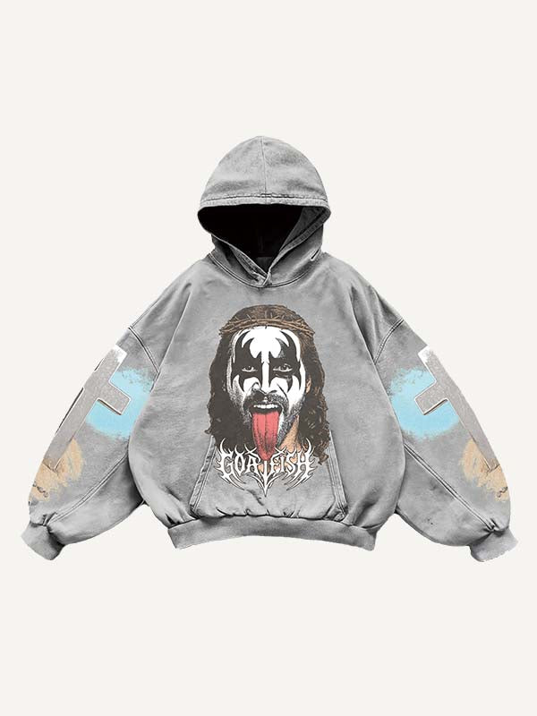 Figure&Tongue&Cross&Letter Print Slant Pockets Hoodie
