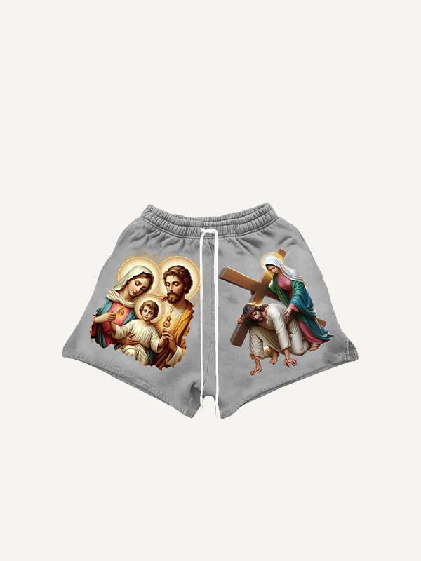 Mary&Jesus&Cross Print Drawstring Waist Shorts