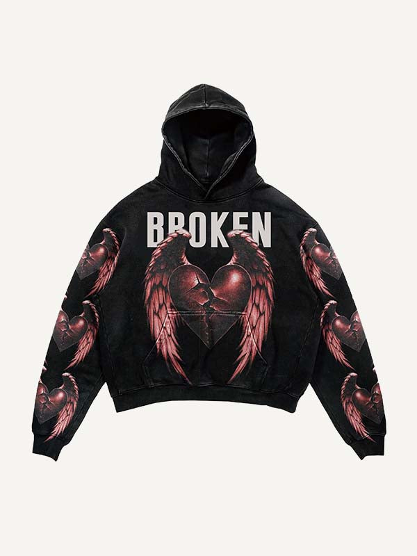 Heartbreak&Wing&Letter Print Slant Pockets Hoodie