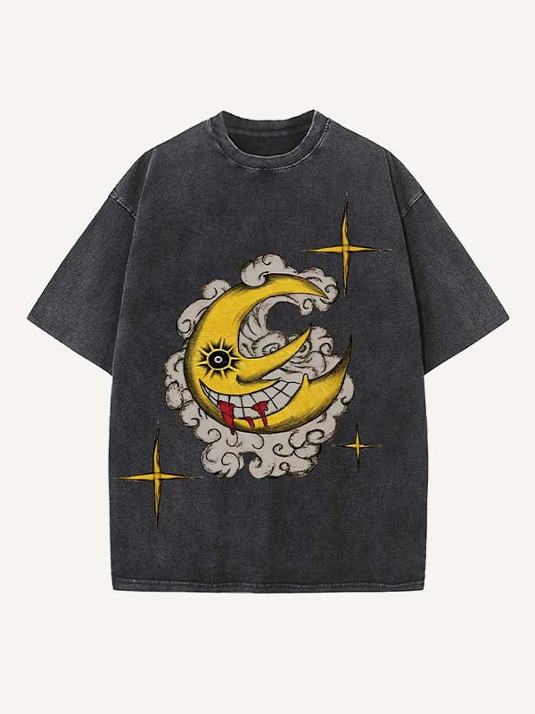 Distressed Washed Evil Moon&Sun&Star&Cloud Print Round Neck T-shirt