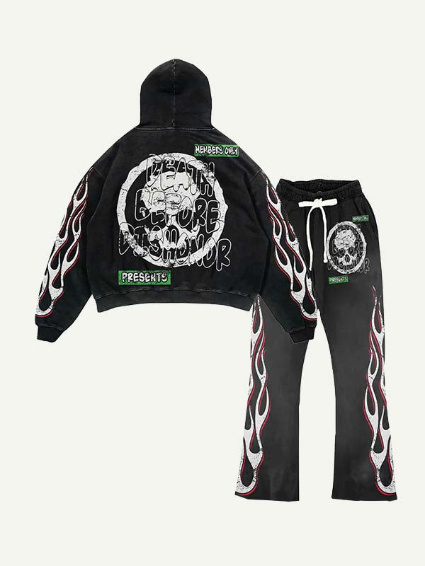 Skull&Figure&Letter&Fire Print Elastic Waist Two-Piece Set