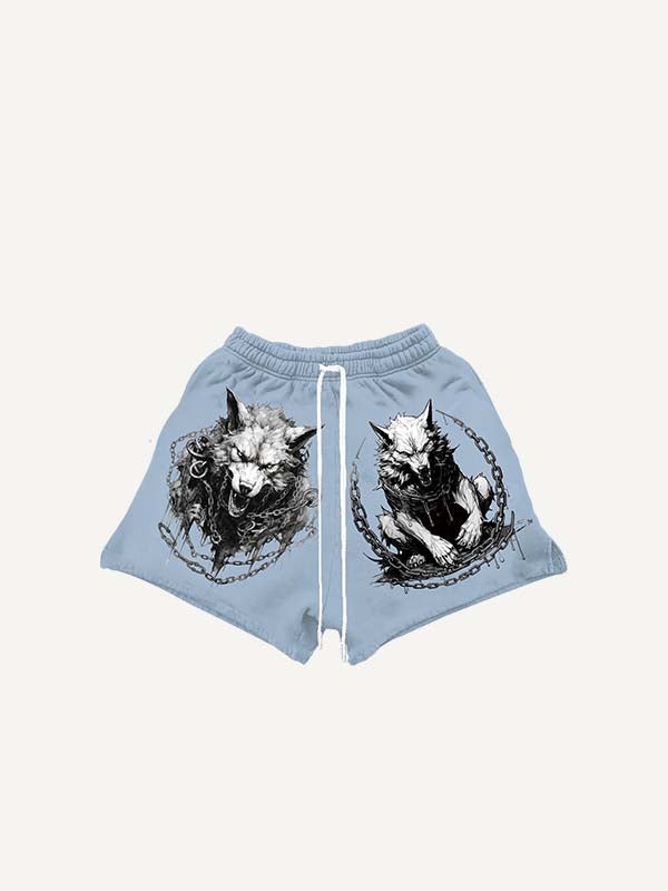 Wolf Print Drawstring Waist Shorts