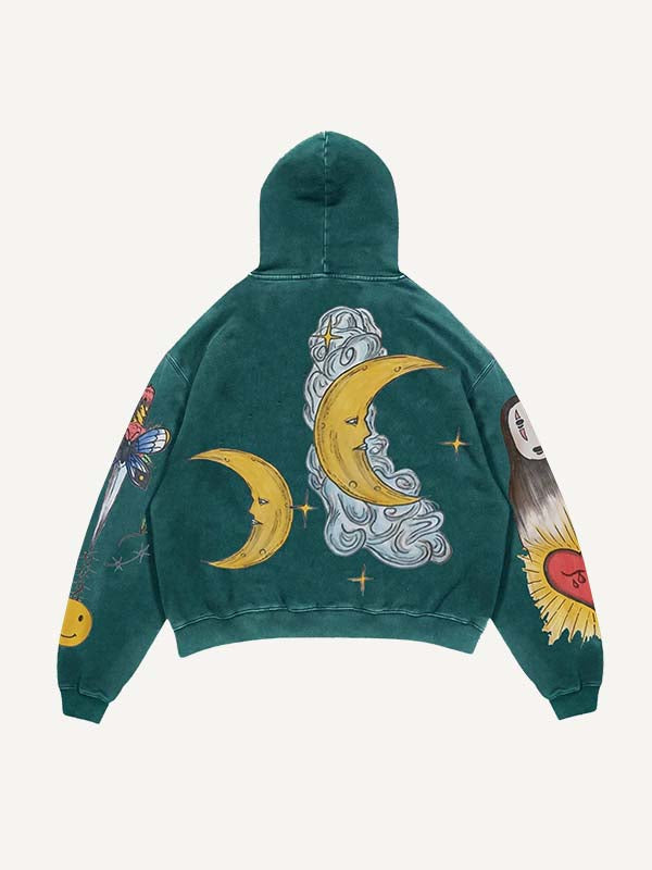 Sun&Moon&Cloud&Heart&Sword&Figure Print Slant Pockets Hoodie