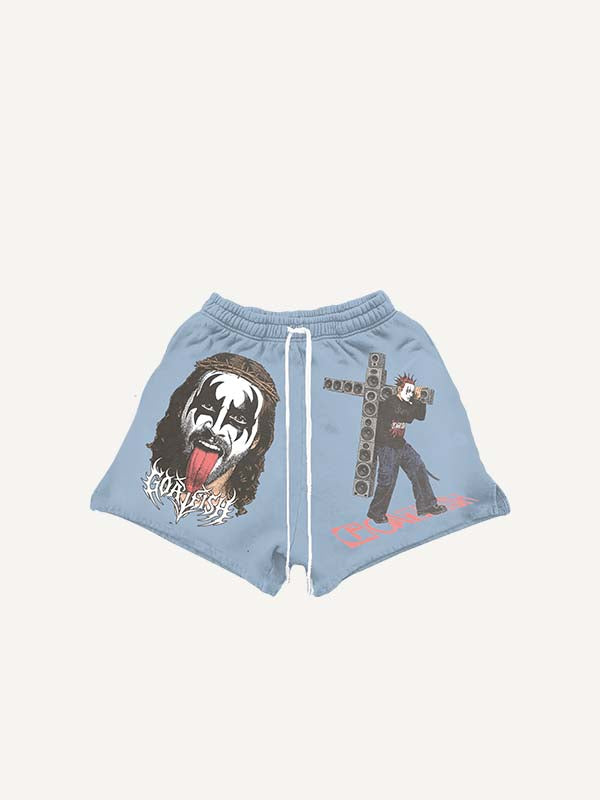 Figure&Tongue&Cross&Letter Print Drawstring Waist Shorts