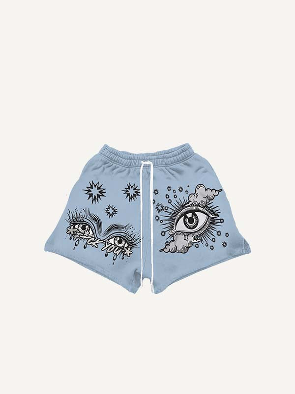 Eye&Cloud&Letter Print Drawstring Waist Shorts