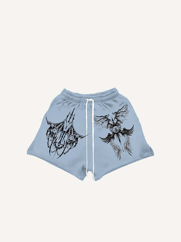 Eyeball&Wing Print Drawstring Waist Shorts