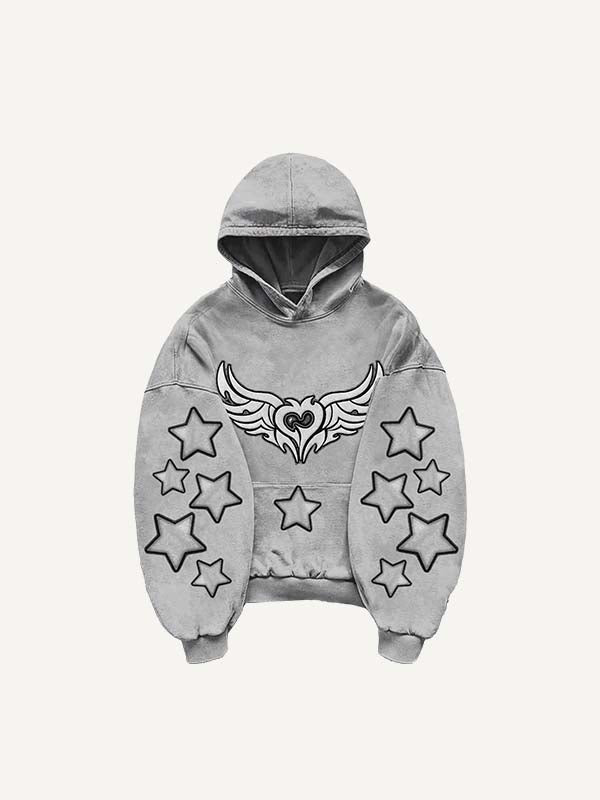 Demon Heart&Wing&Star Print Slant Pockets Hoodie