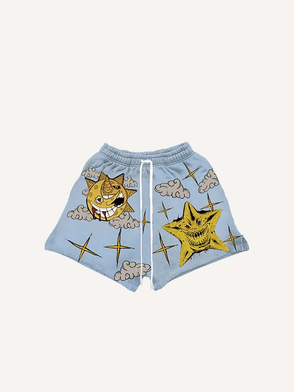 Evil Moon&Sun&Star&Eye&Cloud Print Drawstring Waist Shorts