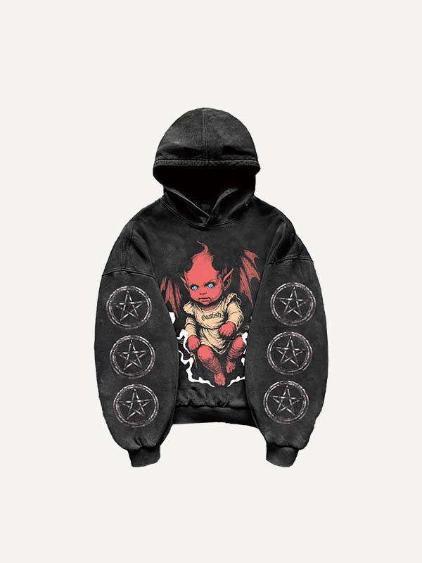 Demon&Letter&Star Print Slant Pockets Hoodie