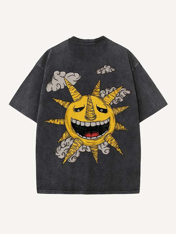 Distressed Washed Evil Moon&Sun&Star&Cloud Print Round Neck T-shirt