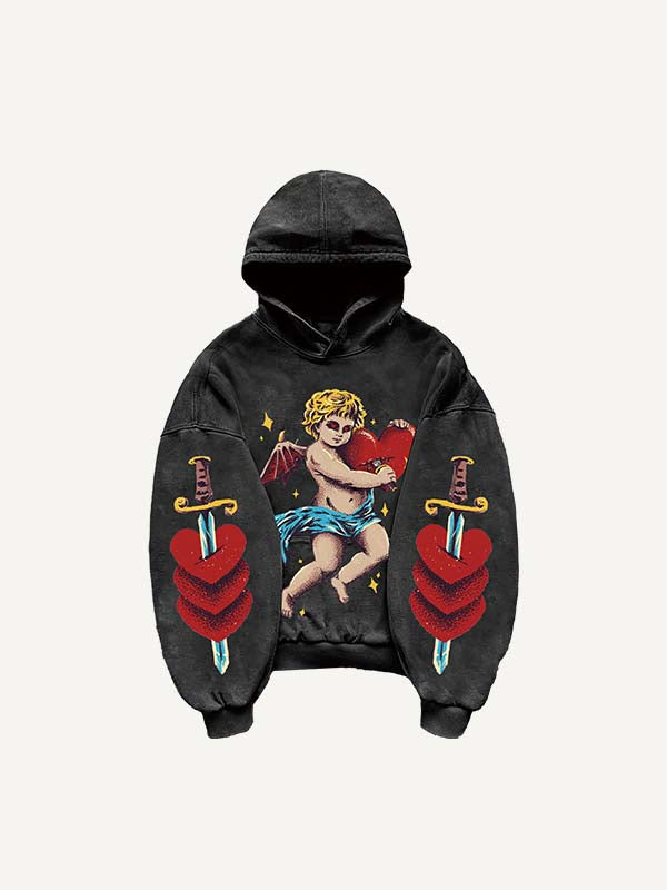 Angel&Devil&Heart&Sword&Letter Print Slant Pockets Hoodie