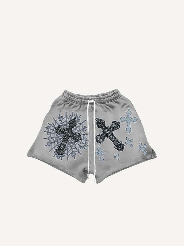 Cross Print Drawstring Waist Shorts