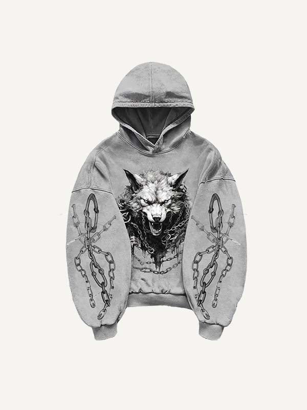 Wolf Print Slant Pockets Hoodie