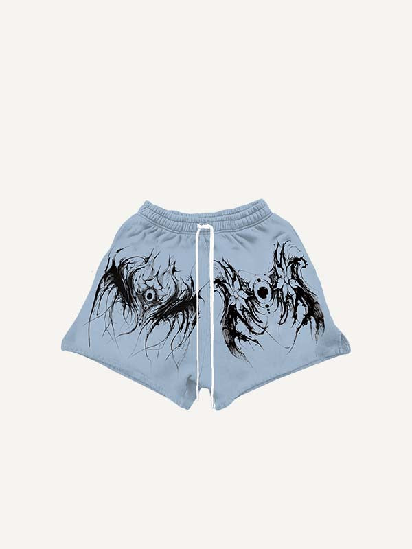 Eye&Wing&Floral Print Drawstring Waist Shorts