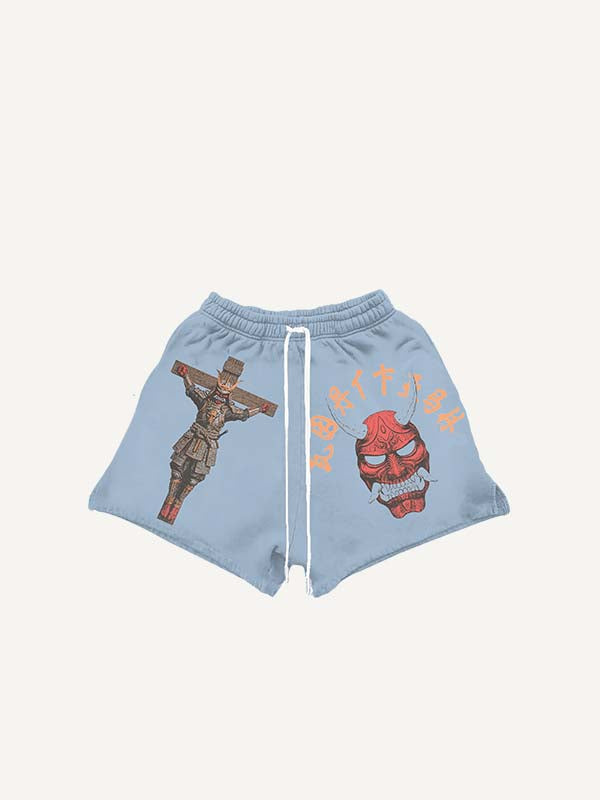 Warrior&Cross&Star Print Drawstring Waist Shorts