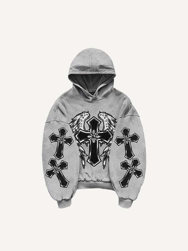 Cross&Wing&Heart Print Slant Pockets Hoodie