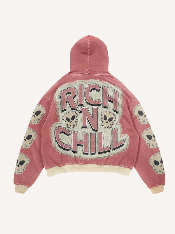 Skull&Letter Faux Decal Print Slant Pockets Hoodie