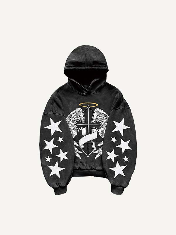 Cross&Wing Print Slant Pockets Hoodie