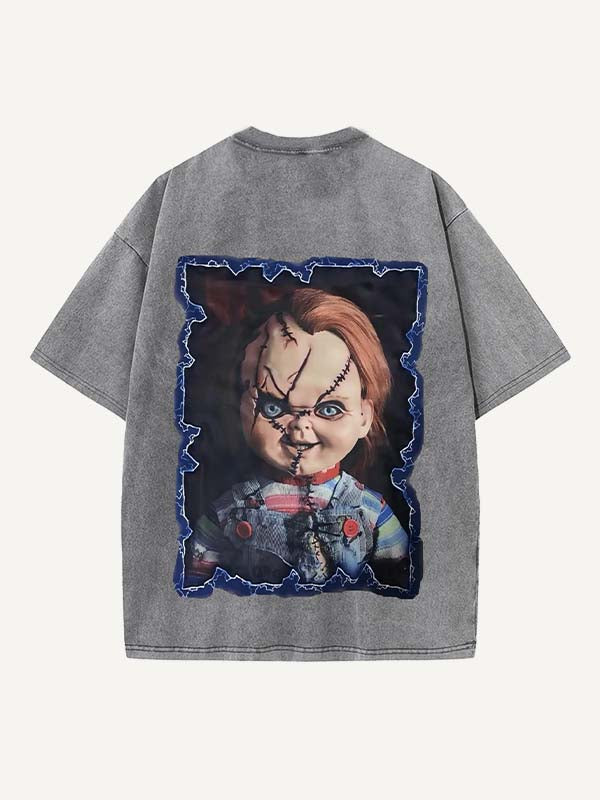 Distressed Washed Horror Print Round Neck T-shirt