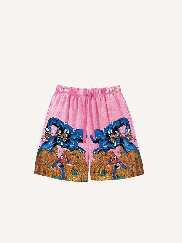 Distressed Washed Venom&Spider-Man&Pumpkin Print Drawstring Waist Shorts