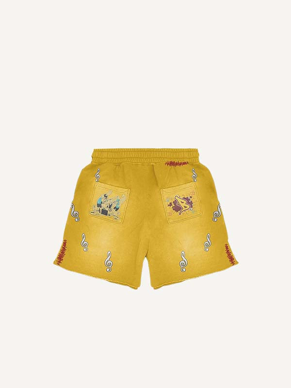 Figure&Music&Letter Faux Decal Print Drawstring Waist Shorts