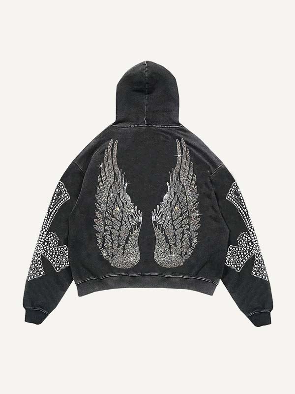 Skull&Wing&Cross Faux Rhinestones Print Slant Pockets Hoodie