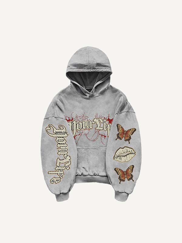 Butterfly&Lips&Letter Print Slant Pockets Hoodie
