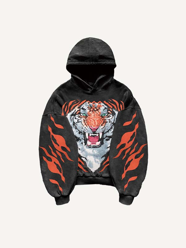 Tiger&Graphic Print Slant Pockets Hoodie