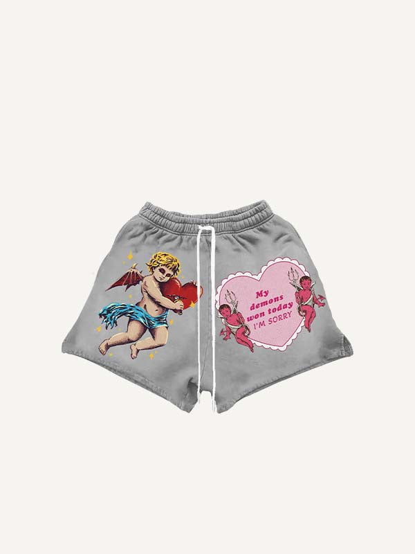 Angel&Devil&Heart&Sword&Letter Print Drawstring Waist Shorts