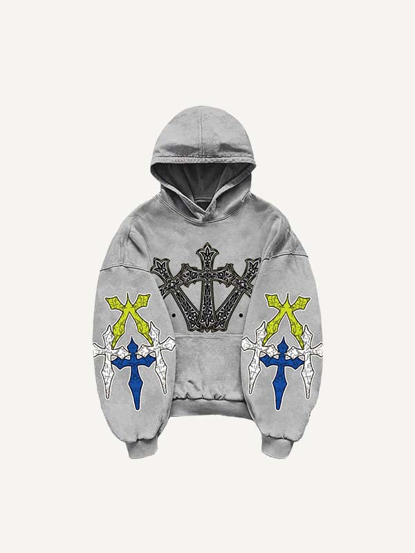 Cross Print Slant Pockets Hoodie