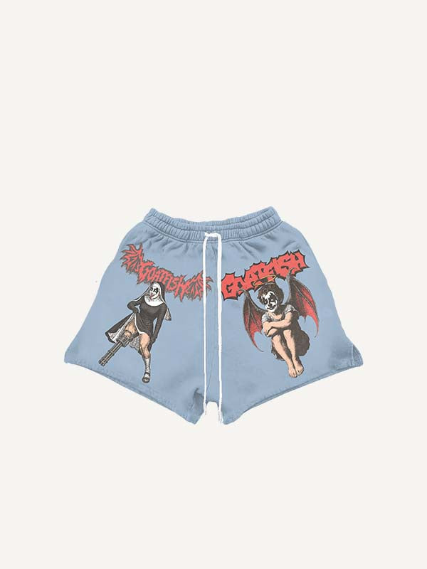 Figure&Demon&Cross&Letter Print Drawstring Waist Shorts