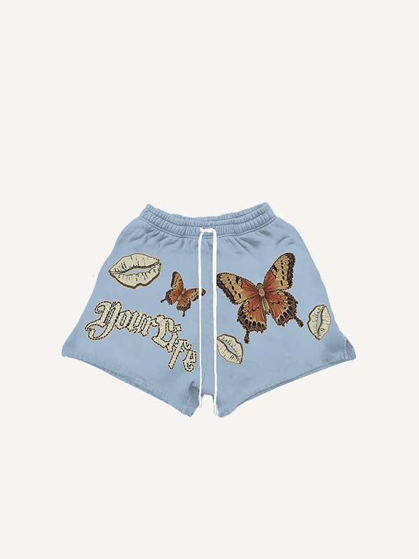 Butterfly&Lips&Letter Print Drawstring Waist Shorts