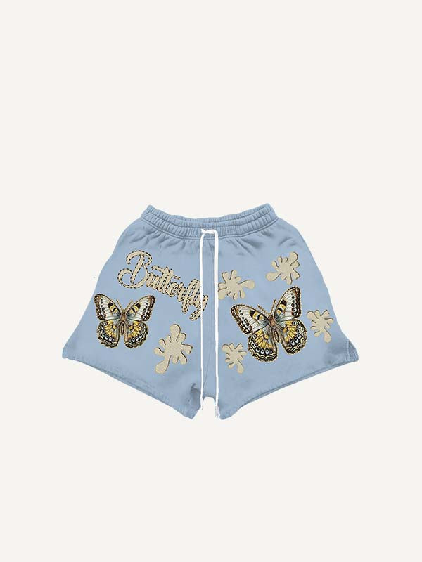 Butterfly&Graphic&Letter Print Drawstring Waist Shorts