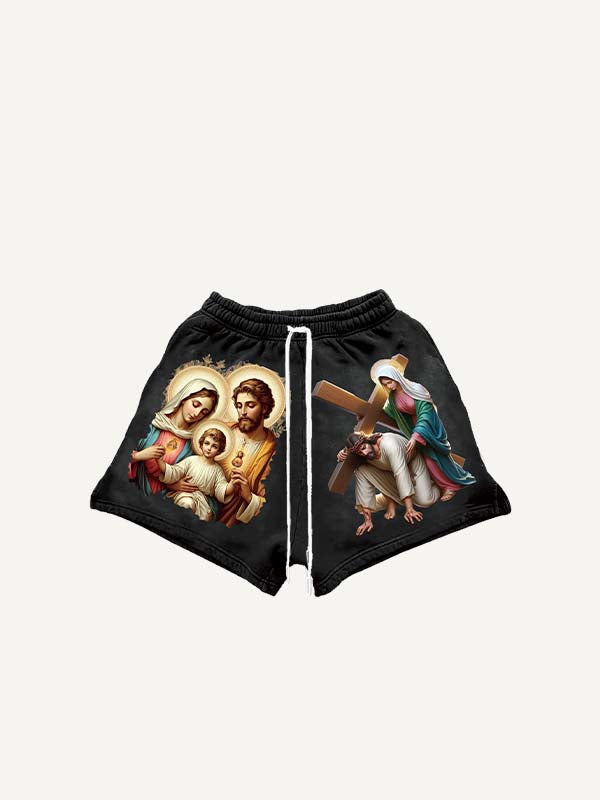 Mary&Jesus&Cross Print Drawstring Waist Shorts