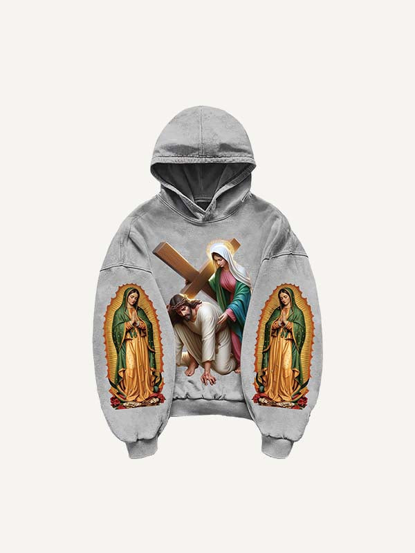 Mary&Jesus&Cross Print Slant Pockets Hoodie