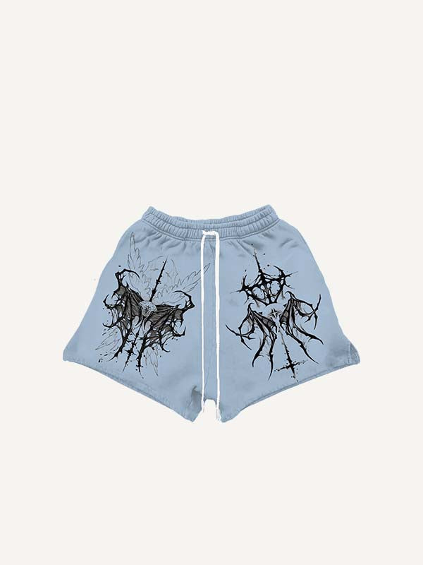 Eyeball&Wing Print Drawstring Waist Shorts