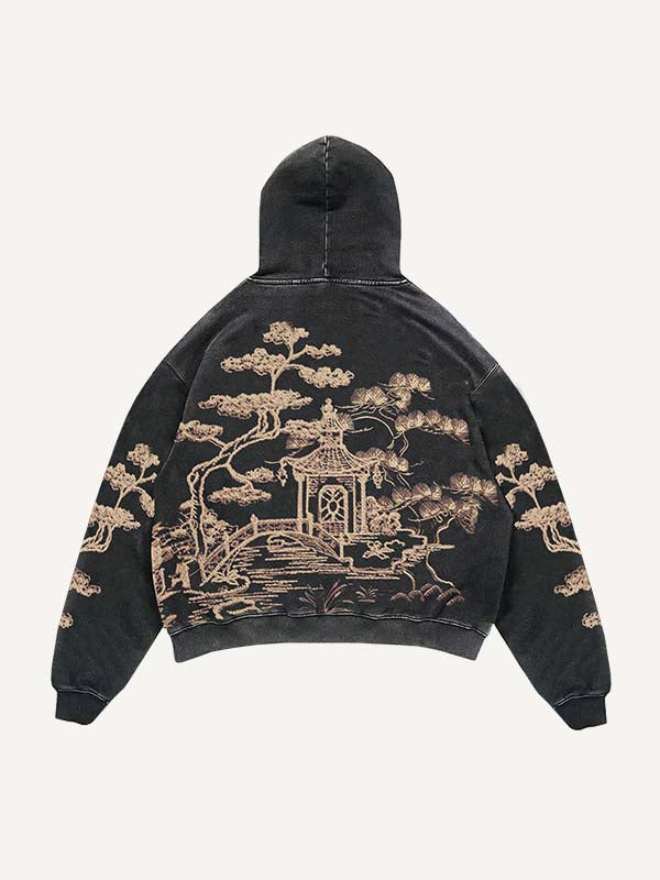 Graphic Faux Decal Print Slant Pockets Hoodie