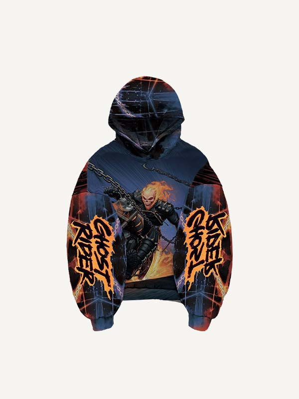 Fire Skeleton&Chain&Motorcycle&Letter Print Slant Pockets Hoodie