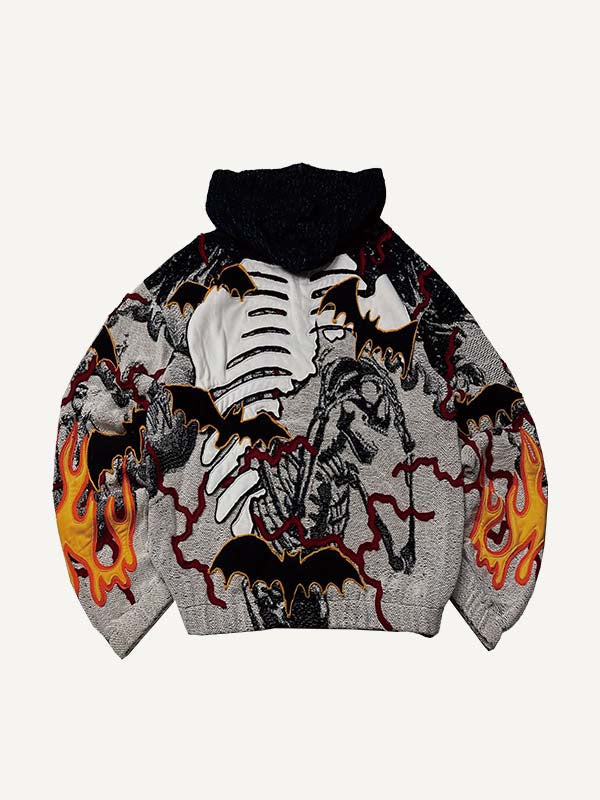 Colorblock Skeleton&Bat&Fire Faux Decal Print Slant Pockets Hoodie