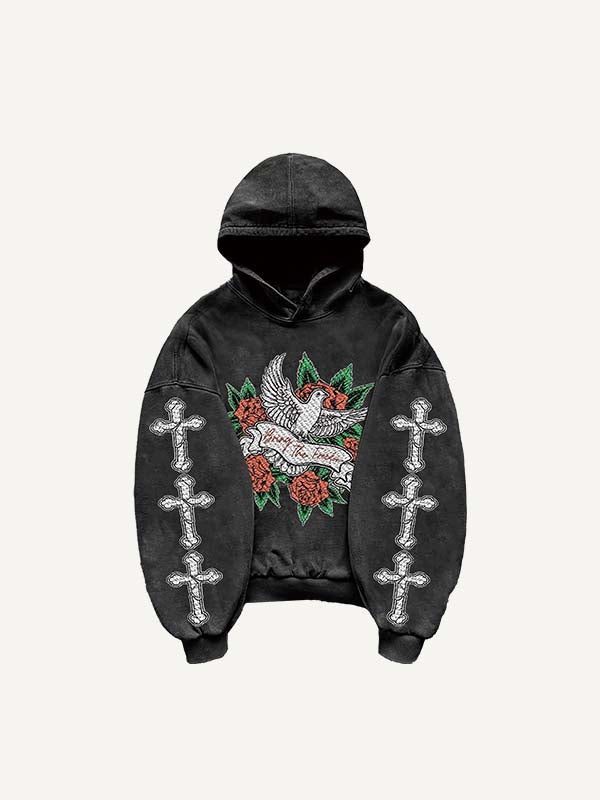 Cross&Rose&Pigeon Print Slant Pockets Hoodie