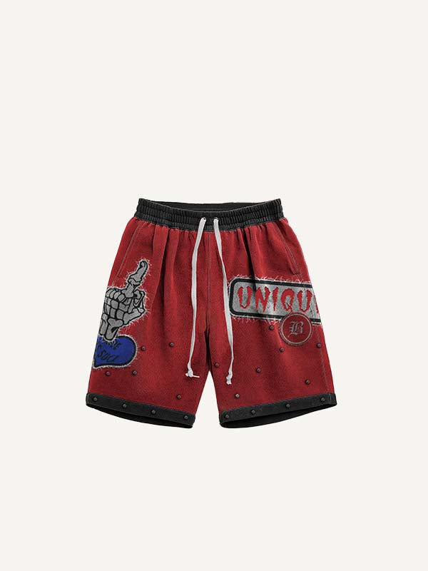 Gesture&Heart&Letter Faux Decal Print Drawstring Waist Shorts