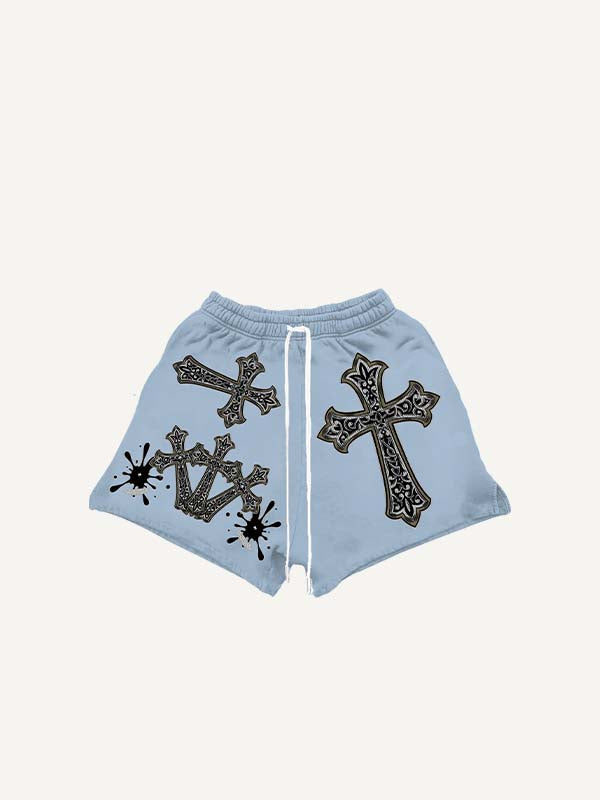 Cross Print Drawstring Waist Shorts