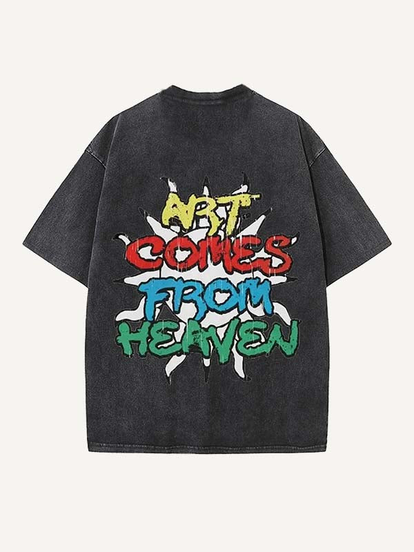 Distressed Washed Sun&Letter Print Round Neck T-shirt
